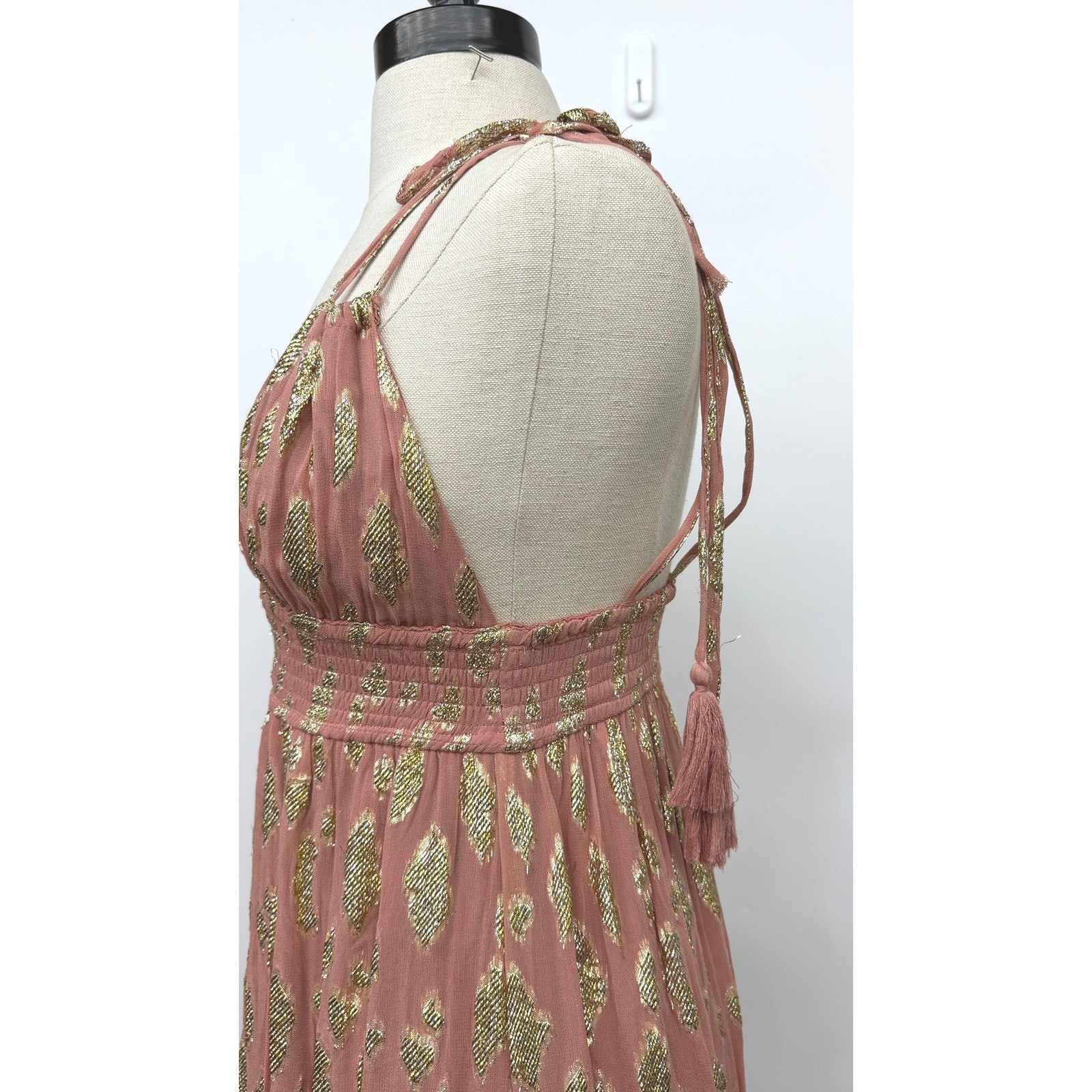 Altar’d State Pink Gold Metallic Maxi Dress Smocked Waist Tassel Straps Small