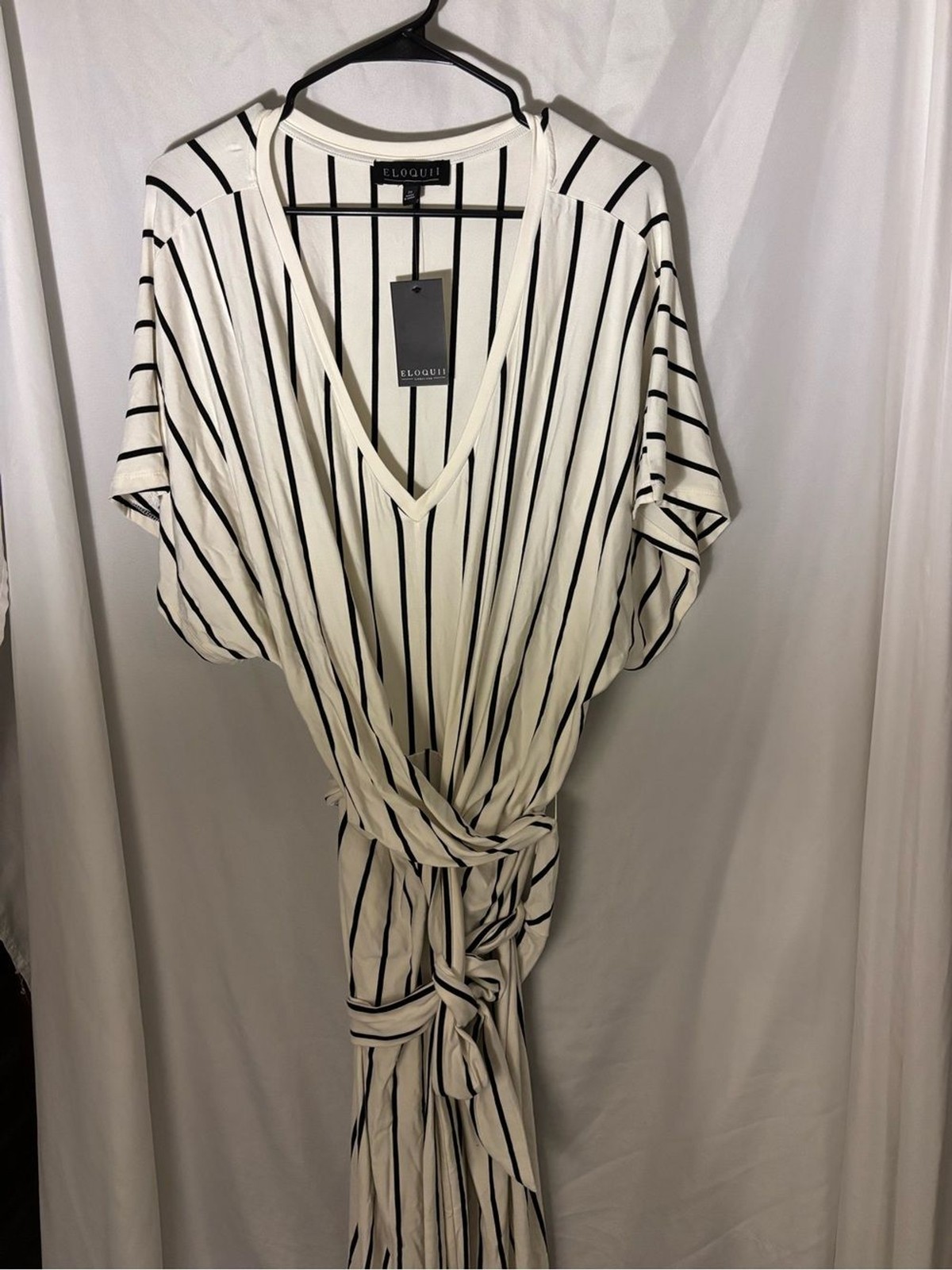 Eloquii Cream Dress with Black Vertical Stripes and Wrap Tie