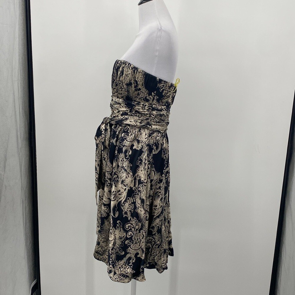 Y2K BCBGMaxAzria Silk Dress Size 8 Navy Blue Tan Strapless Bubble Hem Fairy Vtg