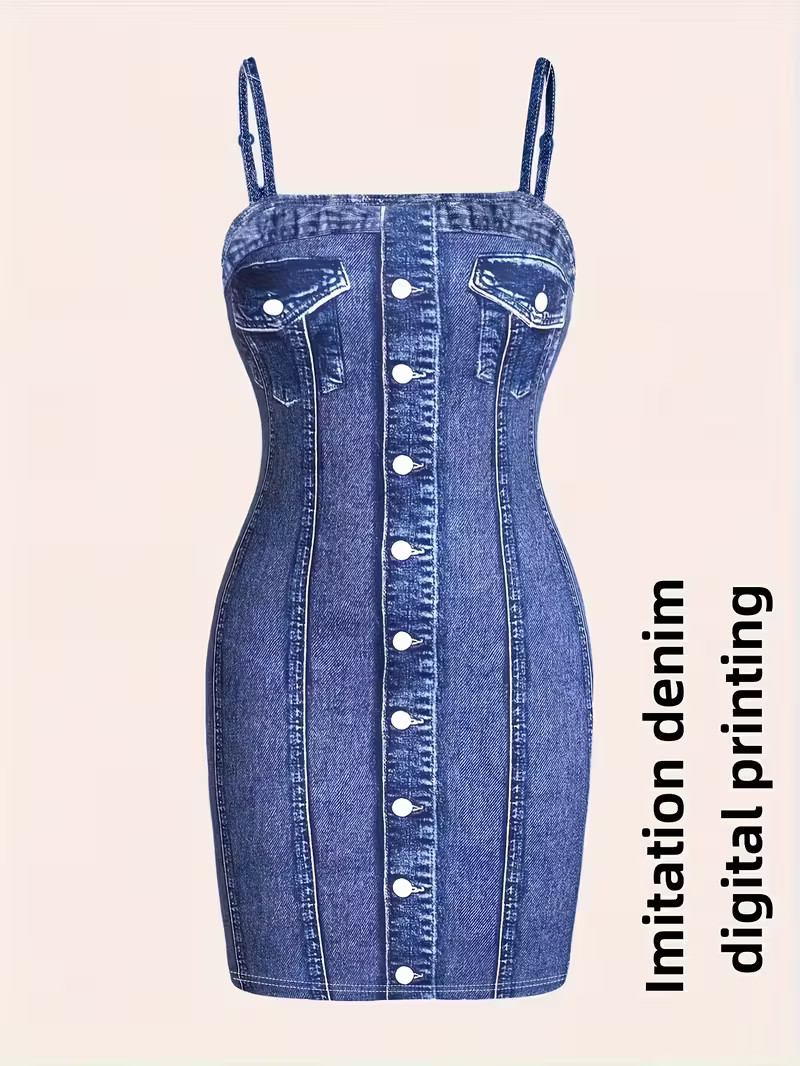 Women’s Spaghetti Strap Simple Fitted Digital Print Denim-Effect Dress