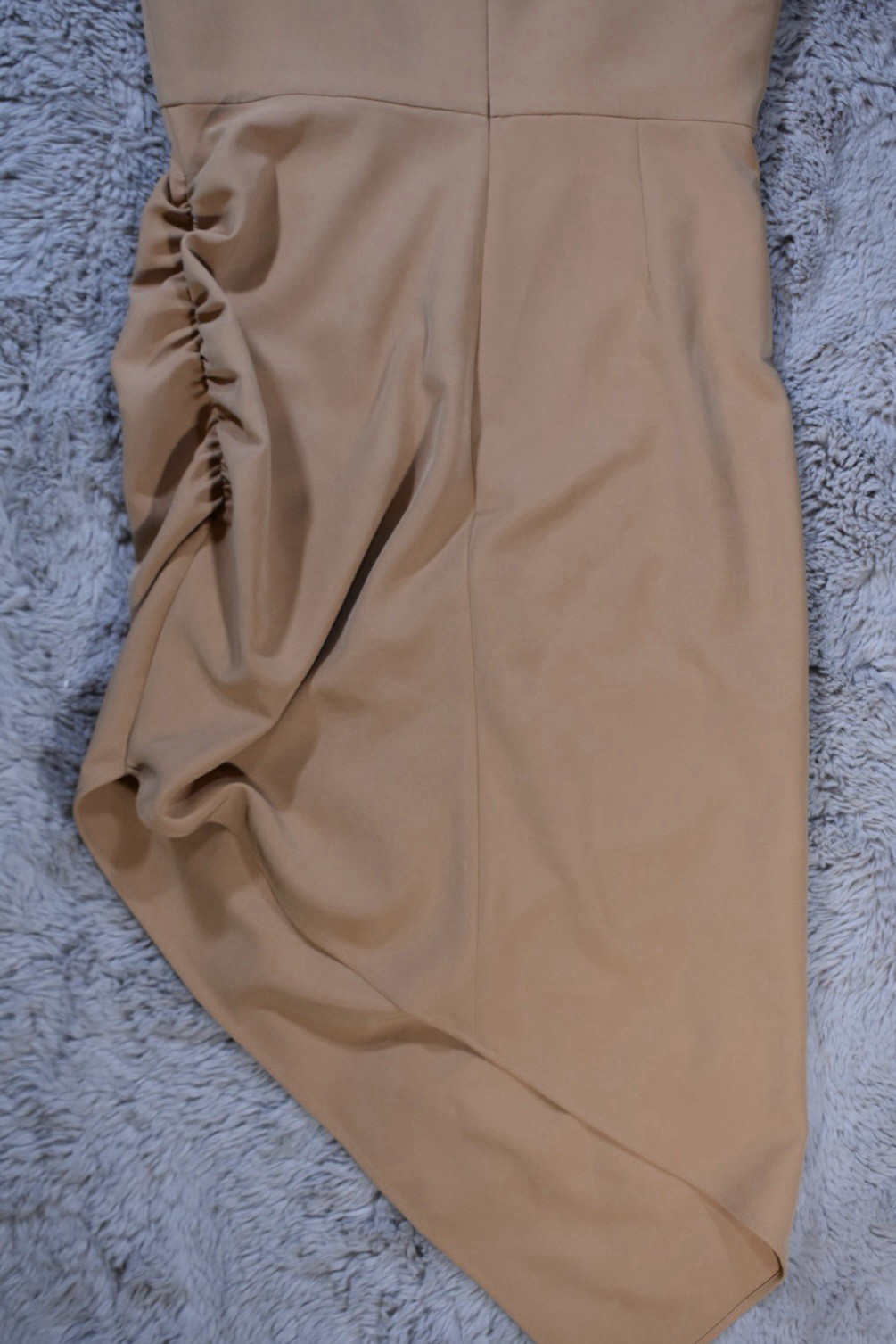 Gianni Bini Beige Bodycon Midi Dress Square Neck Ruched Spaghetti Strap 10