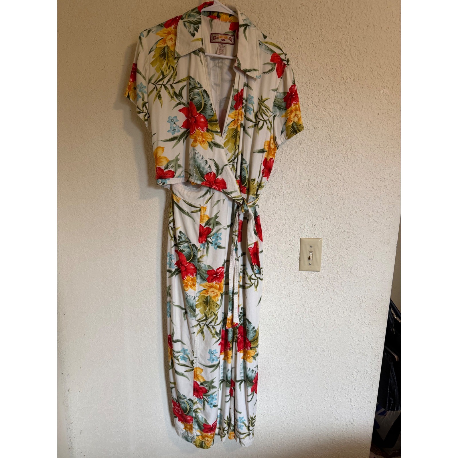 Caribbean Joe Women XL Tropical Floral Rayon Wrap Maxi Dress Hibiscus Print