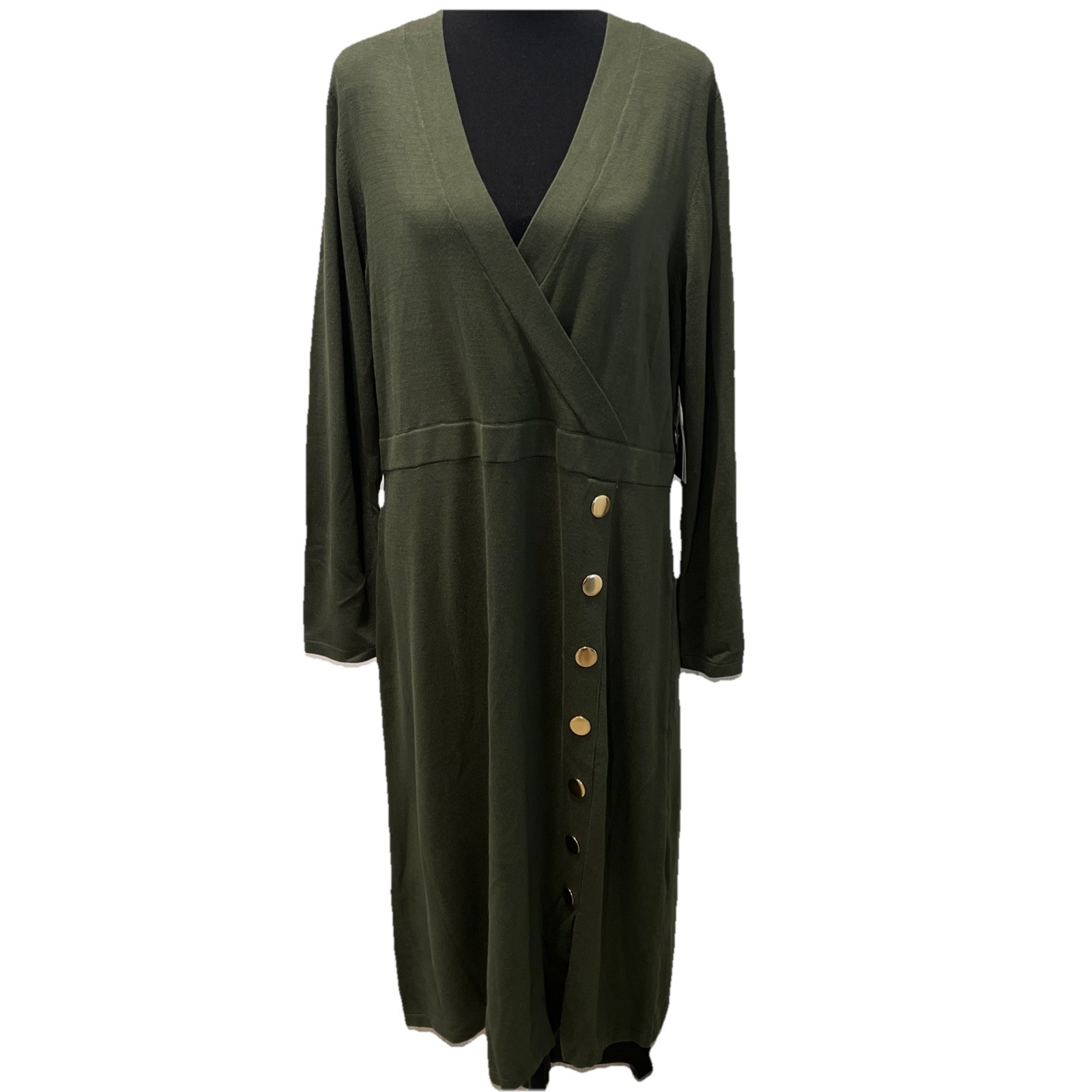 MAIA Womens XL Olive Green Midi Dress Gold Buttons Long Sleeve NWT