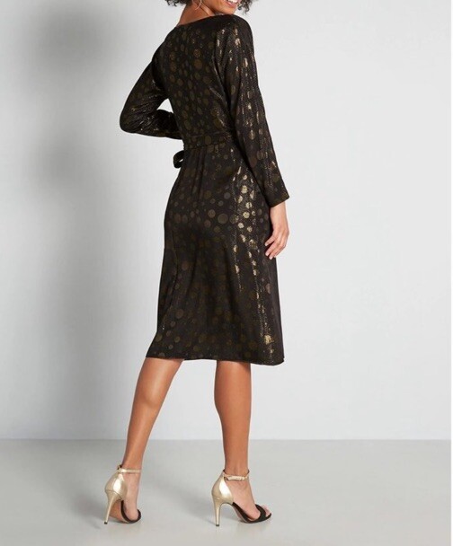 New Modcloth Golden Record Party Wrap Dress Womens Size small belted black gold