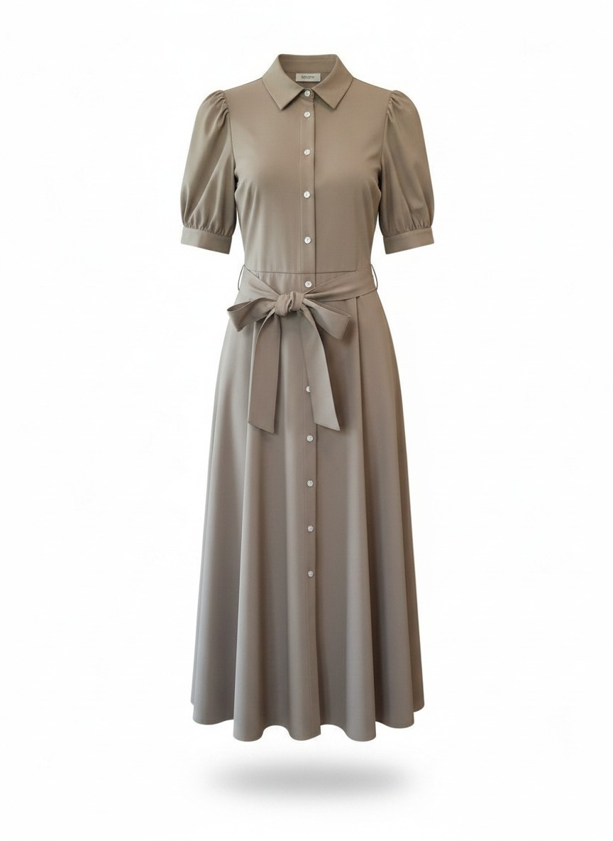 Polo Ralph Lauren Puffed Sleeve Cotton Shirt Dress Womens Midi Pockets Khaki 6