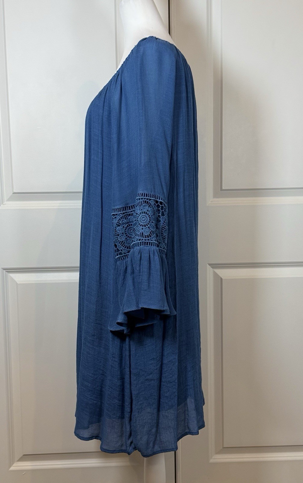 Indigo Rose 2X Blue Boho Peasant Tunic Dress Crochet Bell Sleeve Lined Flowy