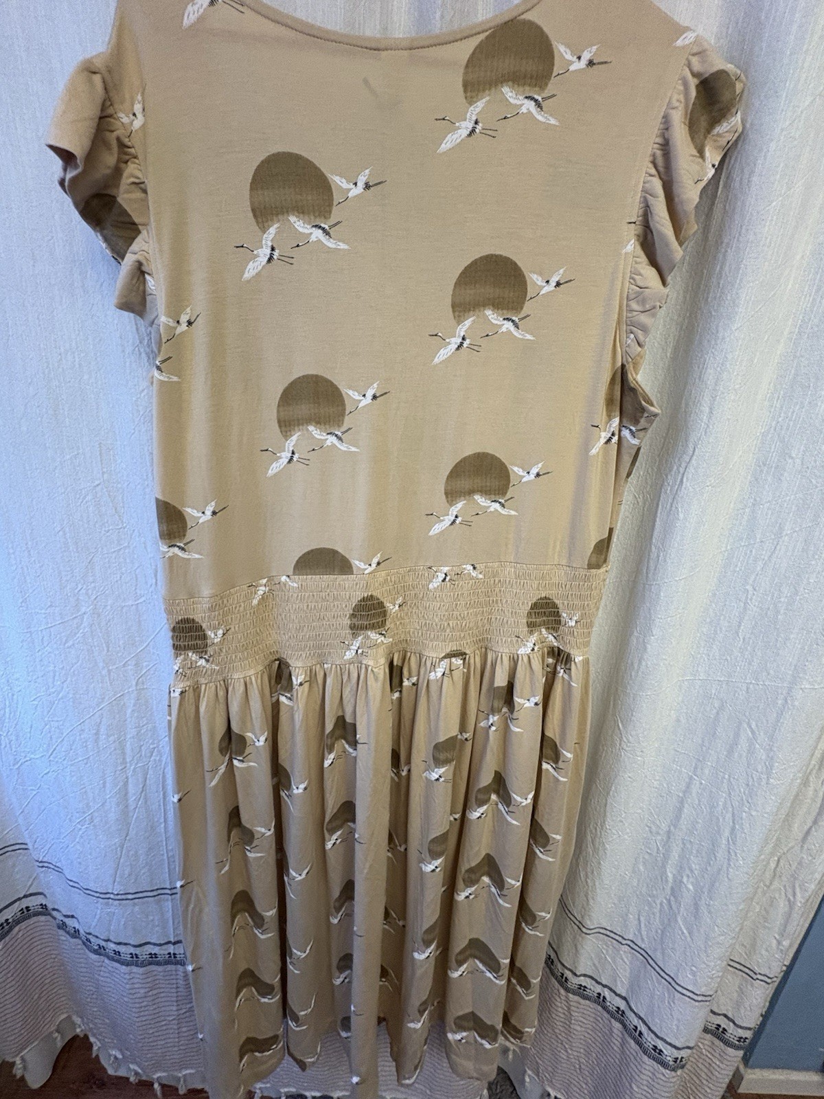 Kate Quinn-PLUS size-Bamboo-Smocked-Crane/Sunset print Plunge Sun dress-NEW-1X