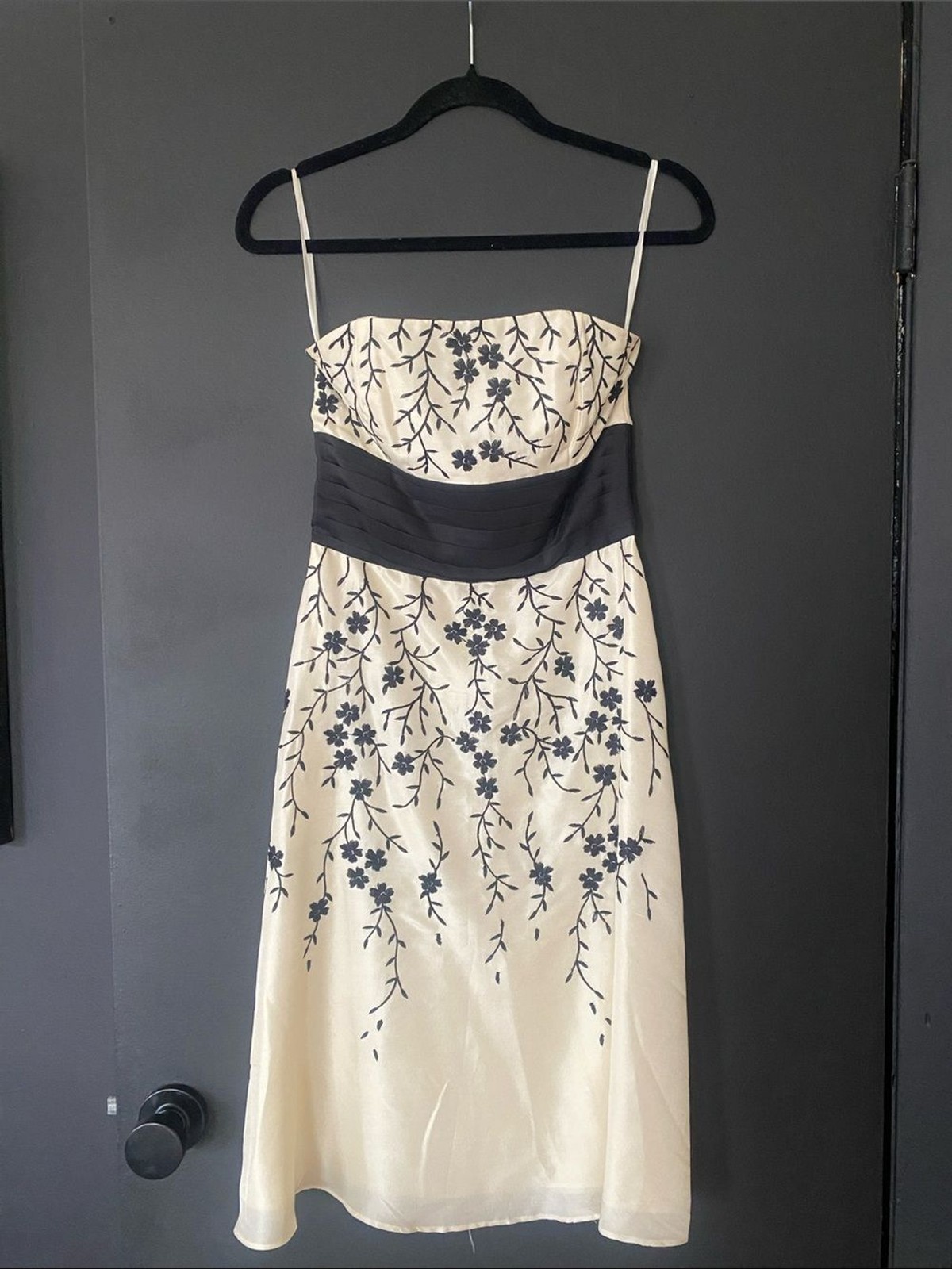 White House Black Market Strapless Silk Dress with Black Embroidery
