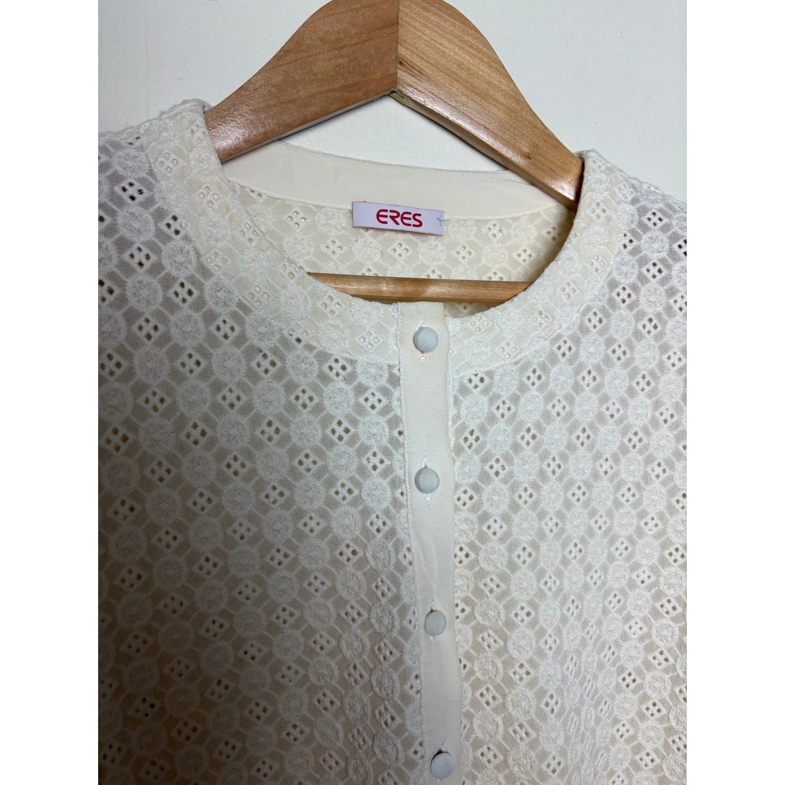 Eres Cream Eyelet Lace Button Front Shift Dress 3/4 Sleeve Size M/L