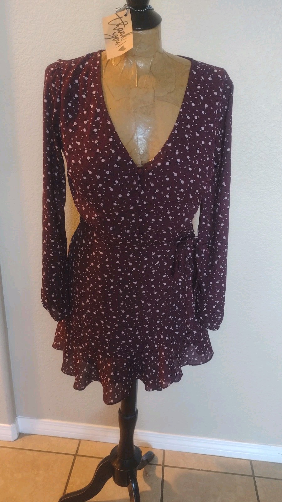 Abercrombie & Fitch boho Burgundy Floral V-Neck Bell Sleeve Tie Waist dress S