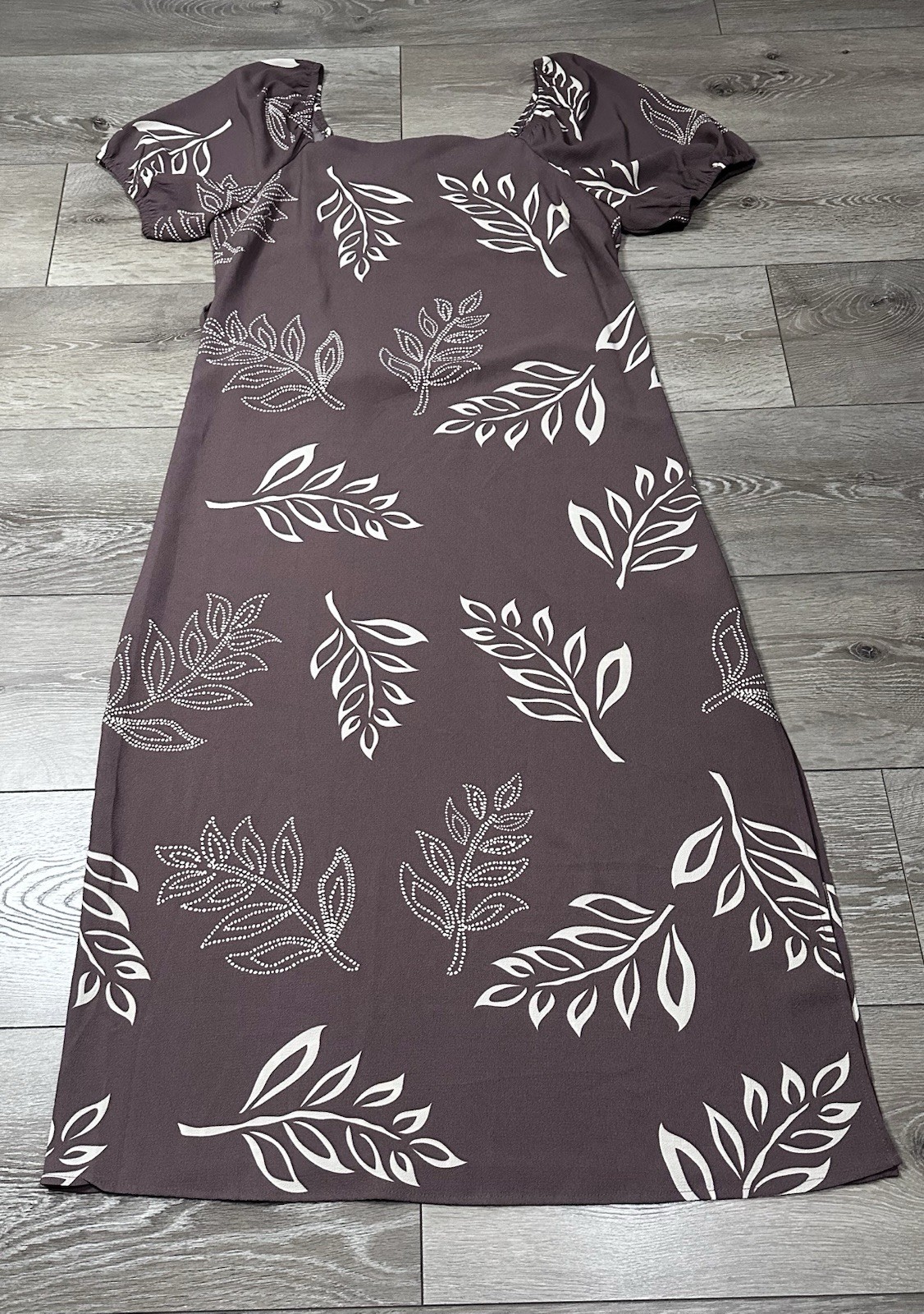 Absolutely Famous XL Square Neck Puff Sleeve Neutral Leaf Print Midi Dress Boho