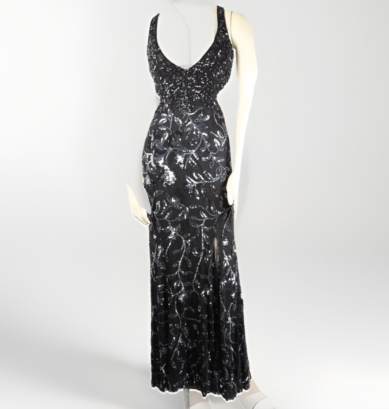 Cassandra Stone Black Silver Silk Beaded Embroidered Gown V Neck Dress Womens 0