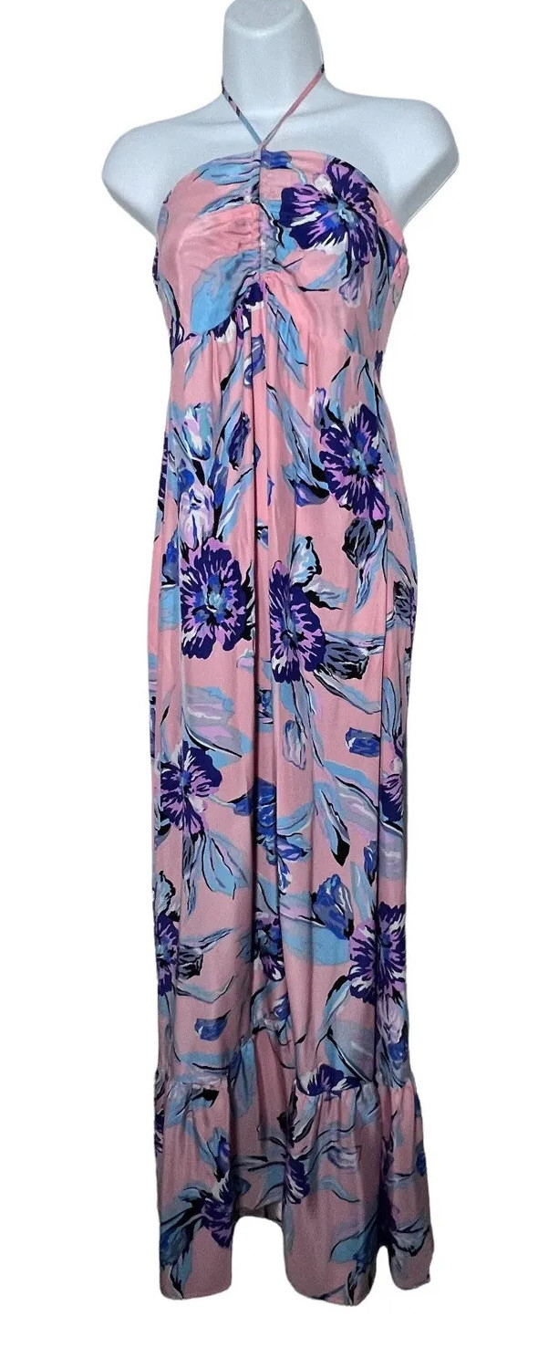 Yumi Kim Dress Womens Size Small Pink Floral Silk Tie Neck Ruffle Hem Beach Boho