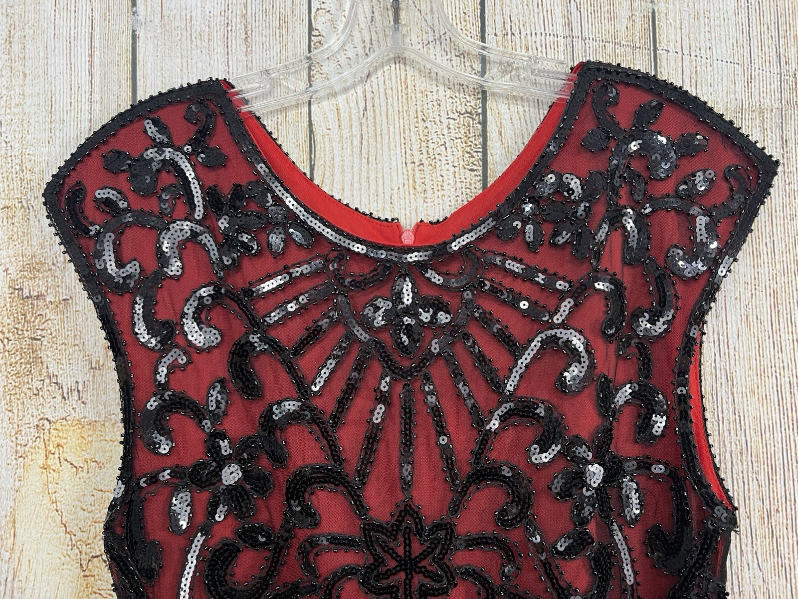 Flapper Dress Roaring 20s M Red Black Beaded Sequin Fringe Gatsby Art Deco Party
