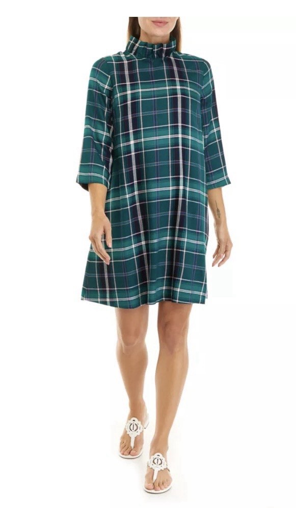 Crown & Ivy NEW Size XXL Green Plaid Bow Dress 3/4 Sleeve Fall Holiday Classic