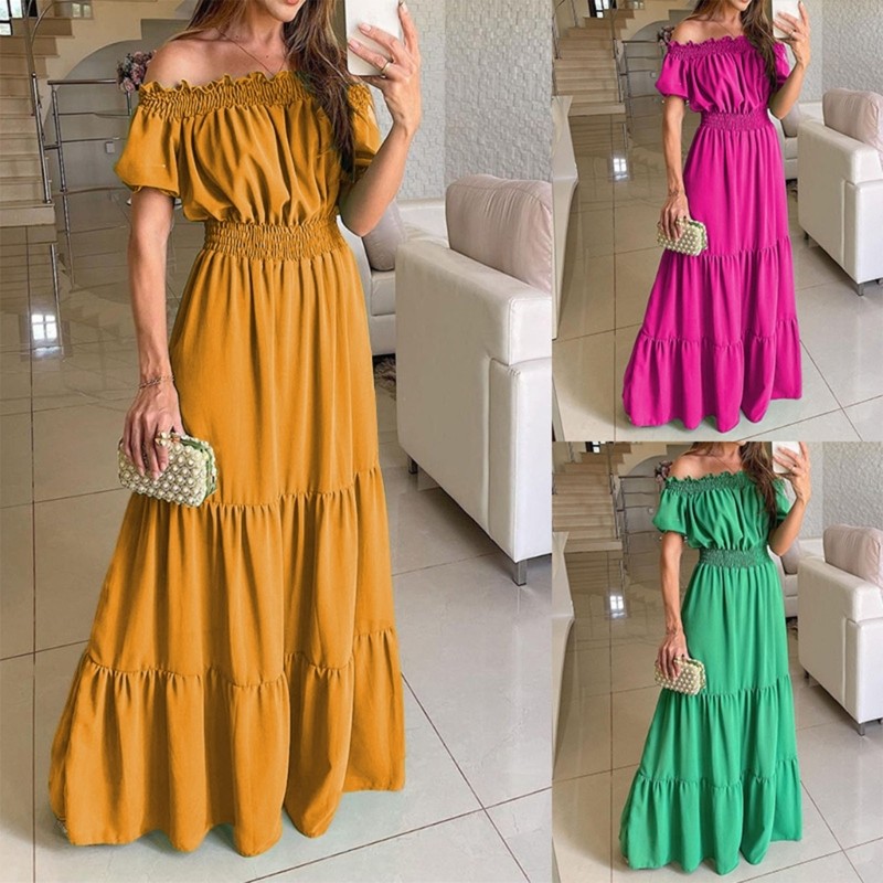 Solid Color Ruffle Long Dress Casual Short Sleeves High Waist Elegant Dress