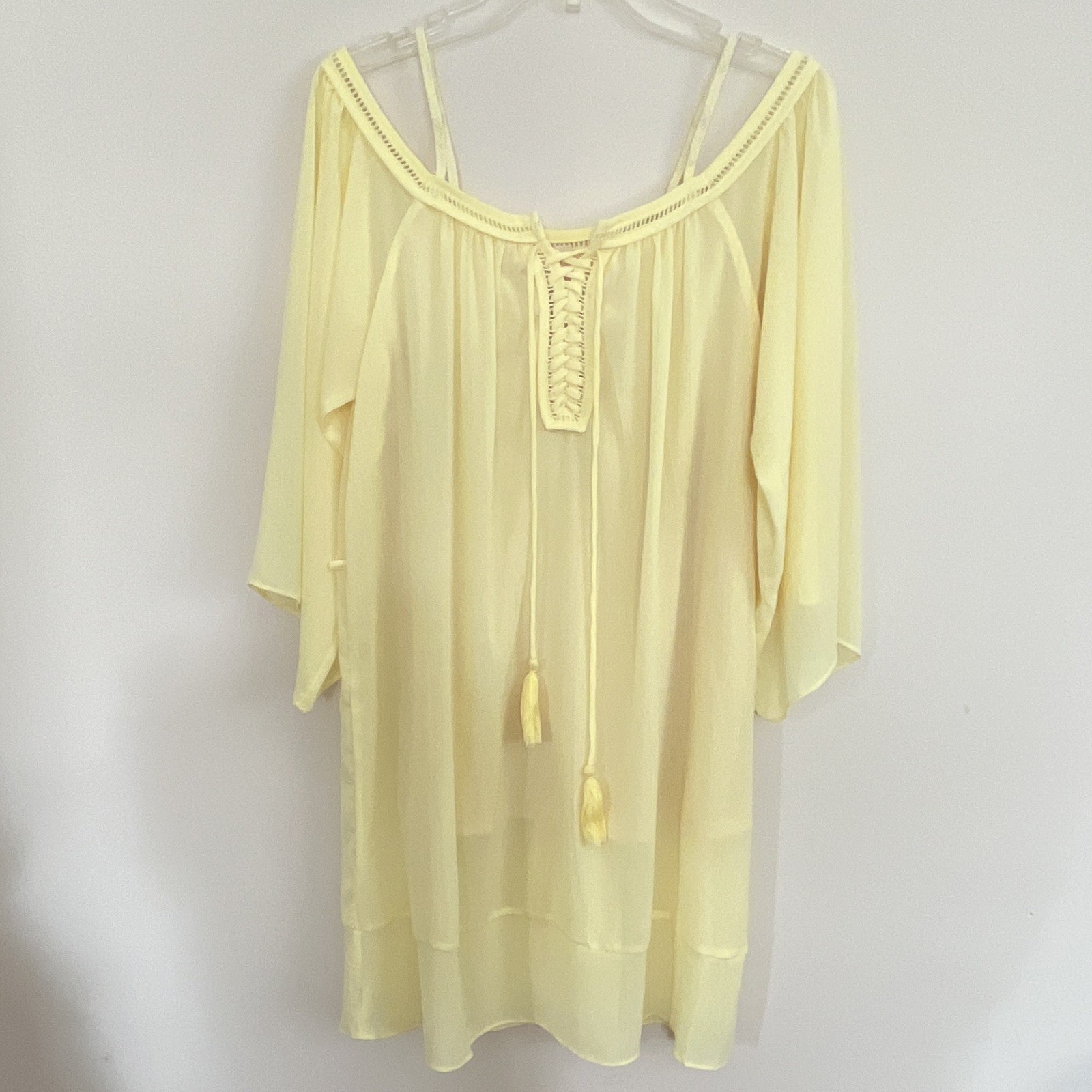 My Beloved Yellow Solid Gown 3/4 Sleeve Tie Front Lace Accents Women