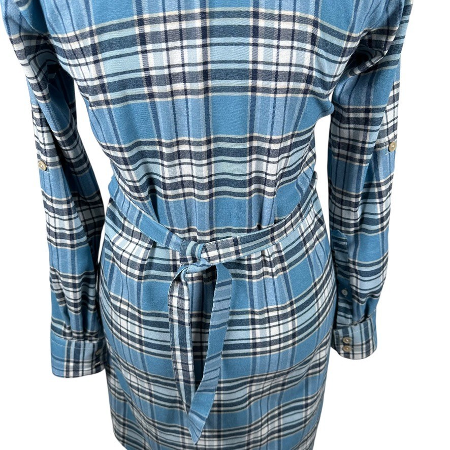 Peter Millar Blue Plaid Shirt Dress Flannel Belted Roll Tab Slvs Preppy Size S