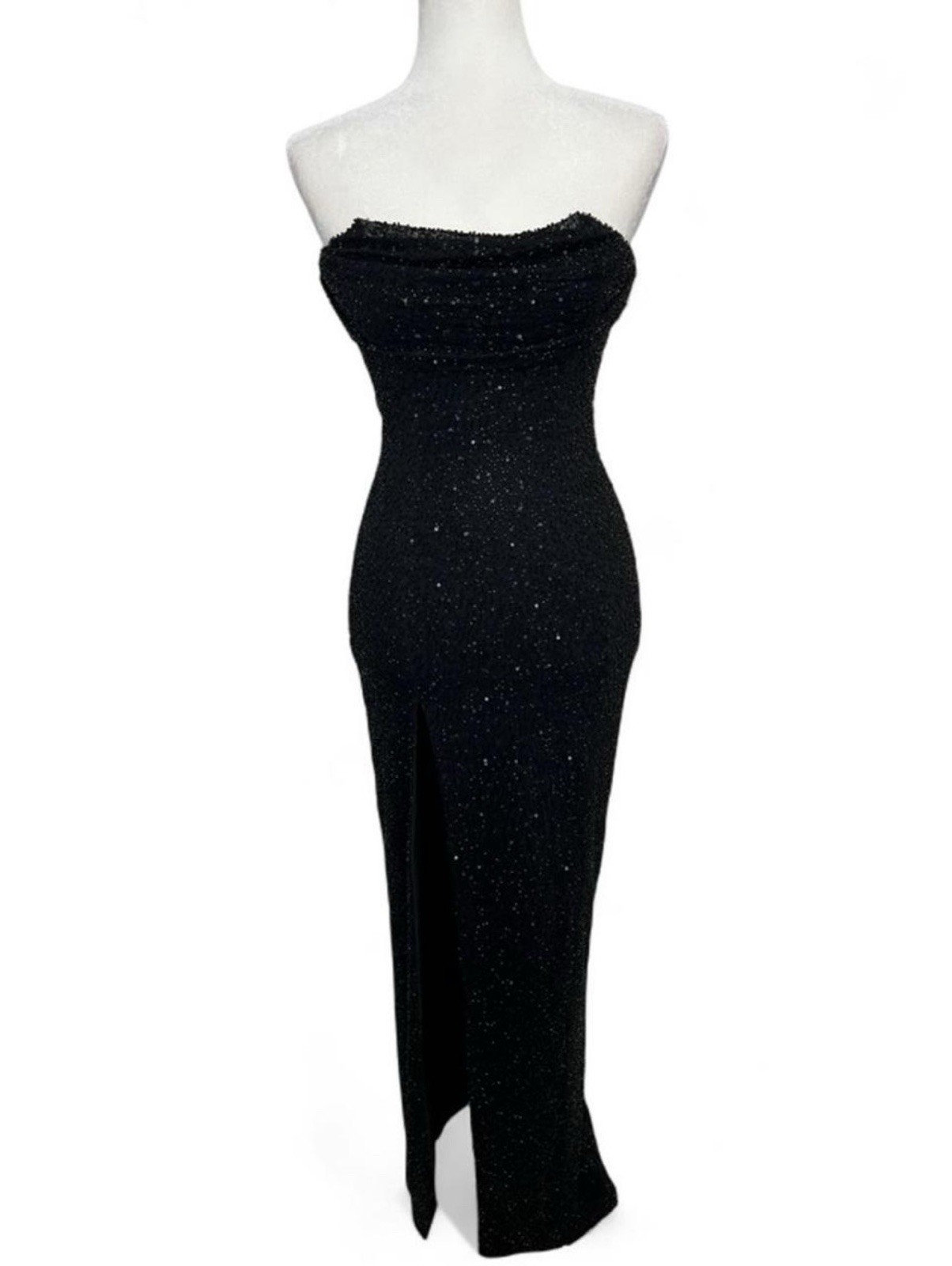 Oh, Polly La Rochette Beaded Bandeau Cowl Neck Maxi Dress Black, Size 2