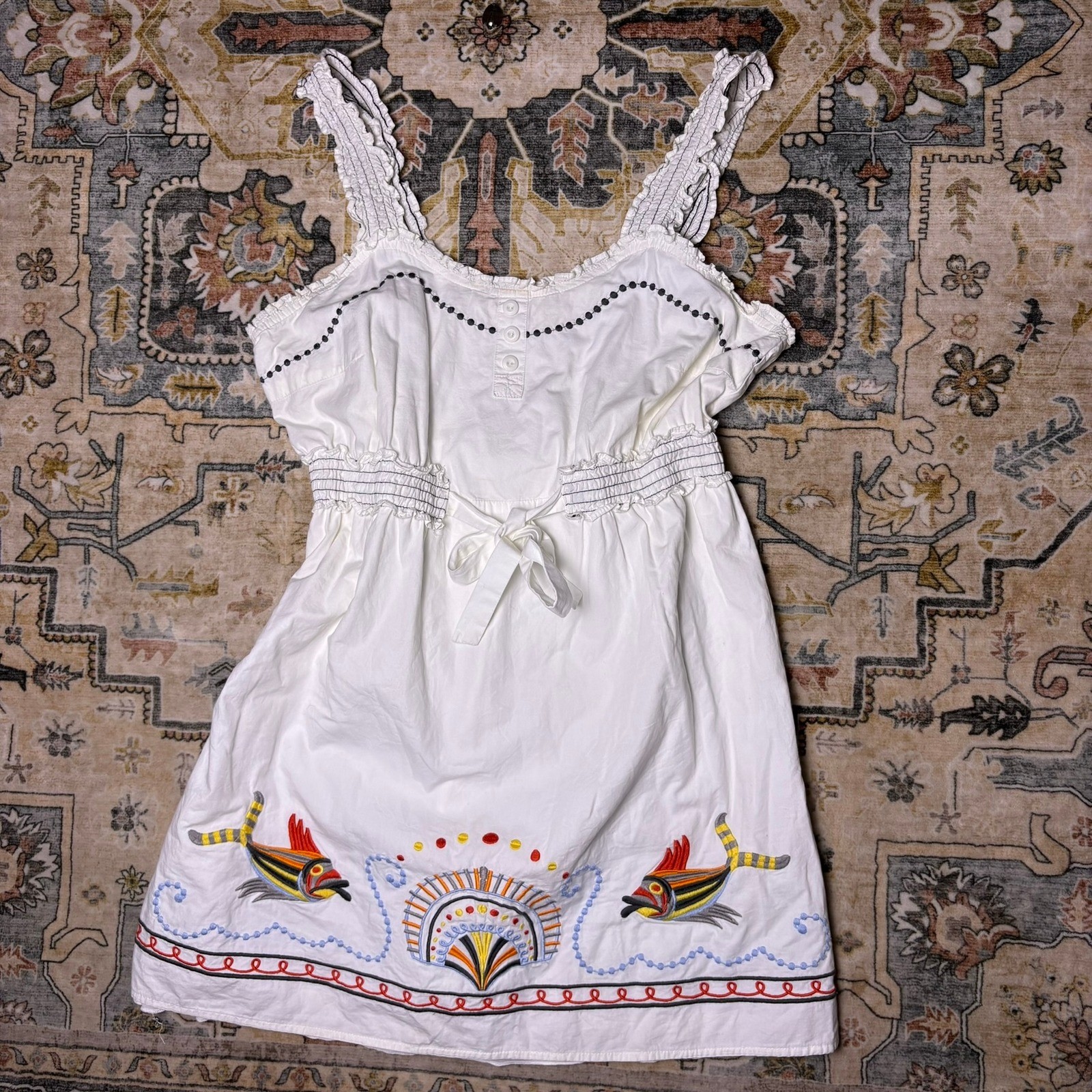 Anthropologie Aryeh White Cotton Embroidered Fish Sundress Top Smocked Waist M/L