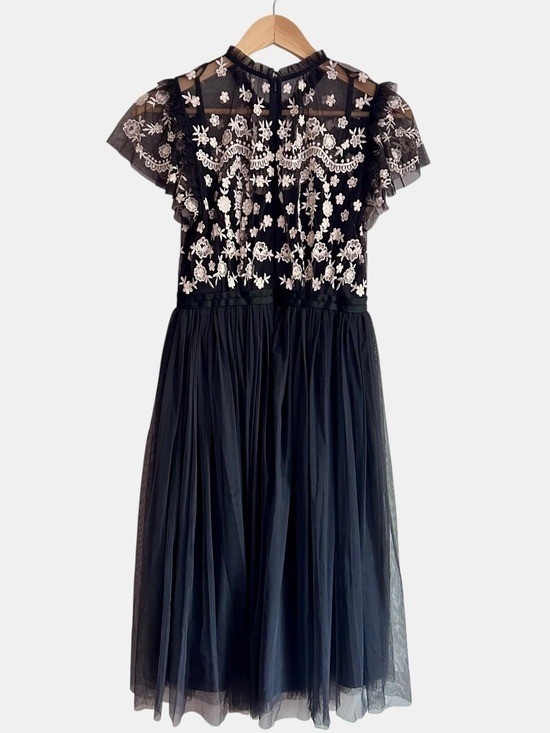 Needle & Thread Embroidered Tulle Midi Dress Black Cream Floral Wedding Guest 2
