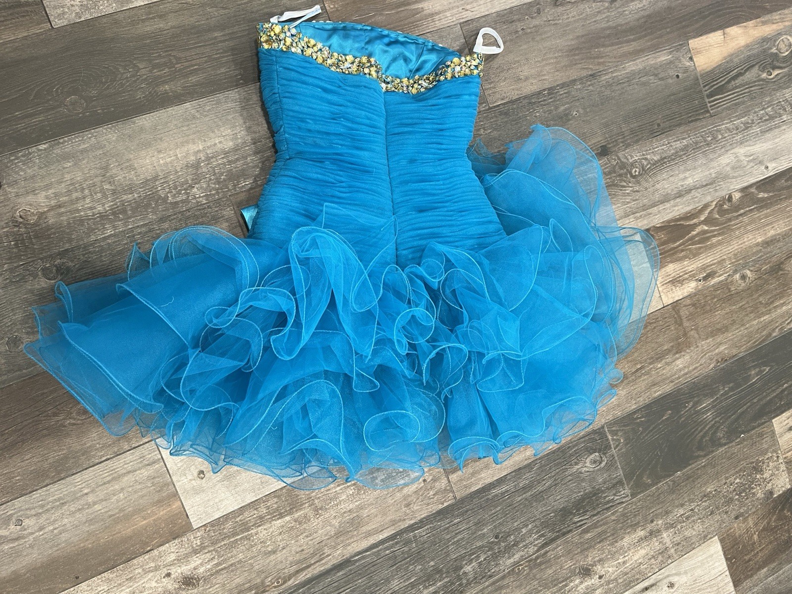 sherri hill 2326 Turquoise size 2 cocktail dress bow Rhinestone Flounce Ruffle
