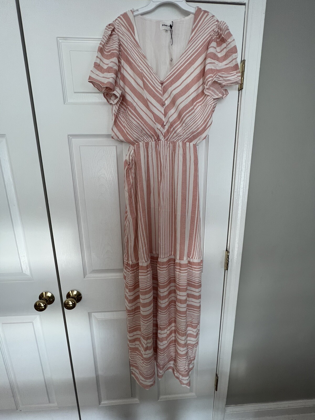 Sugar Lips Women’s Tiegen Short Sleeve Striped Cut Out Maxi Dress LG