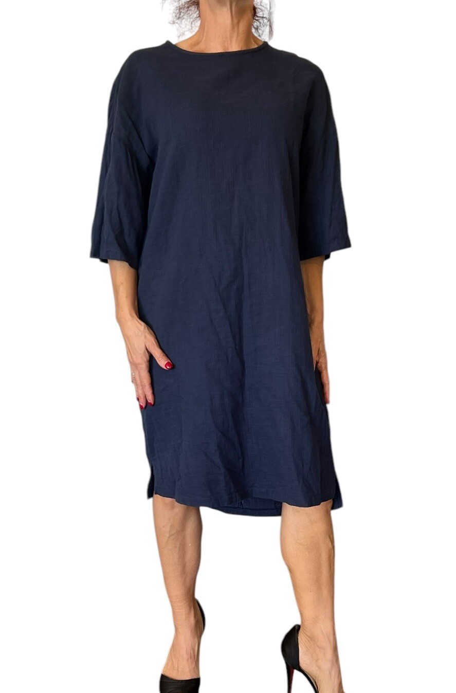 MIMU MAXI MODEST FROCK SHIRT DRESS 1/2 SLEEVE NAVY BLUE KNEE LENGTH GAUZE XS
