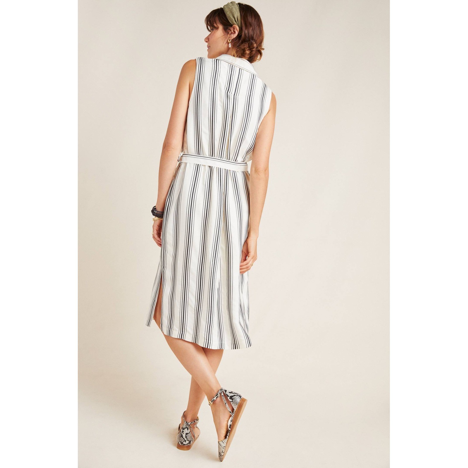 Maeve Anthropologie Esther Ivory Black Striped Sleeveless Belted Shirt Dress 12