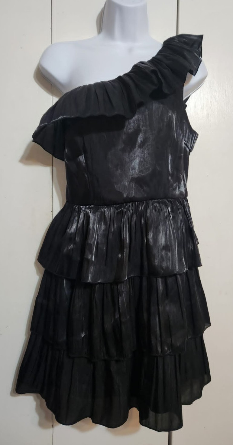 TCEC Black One Shoulder Ruffle Tiered Dress M Shimmer Pleated Mini Cocktail