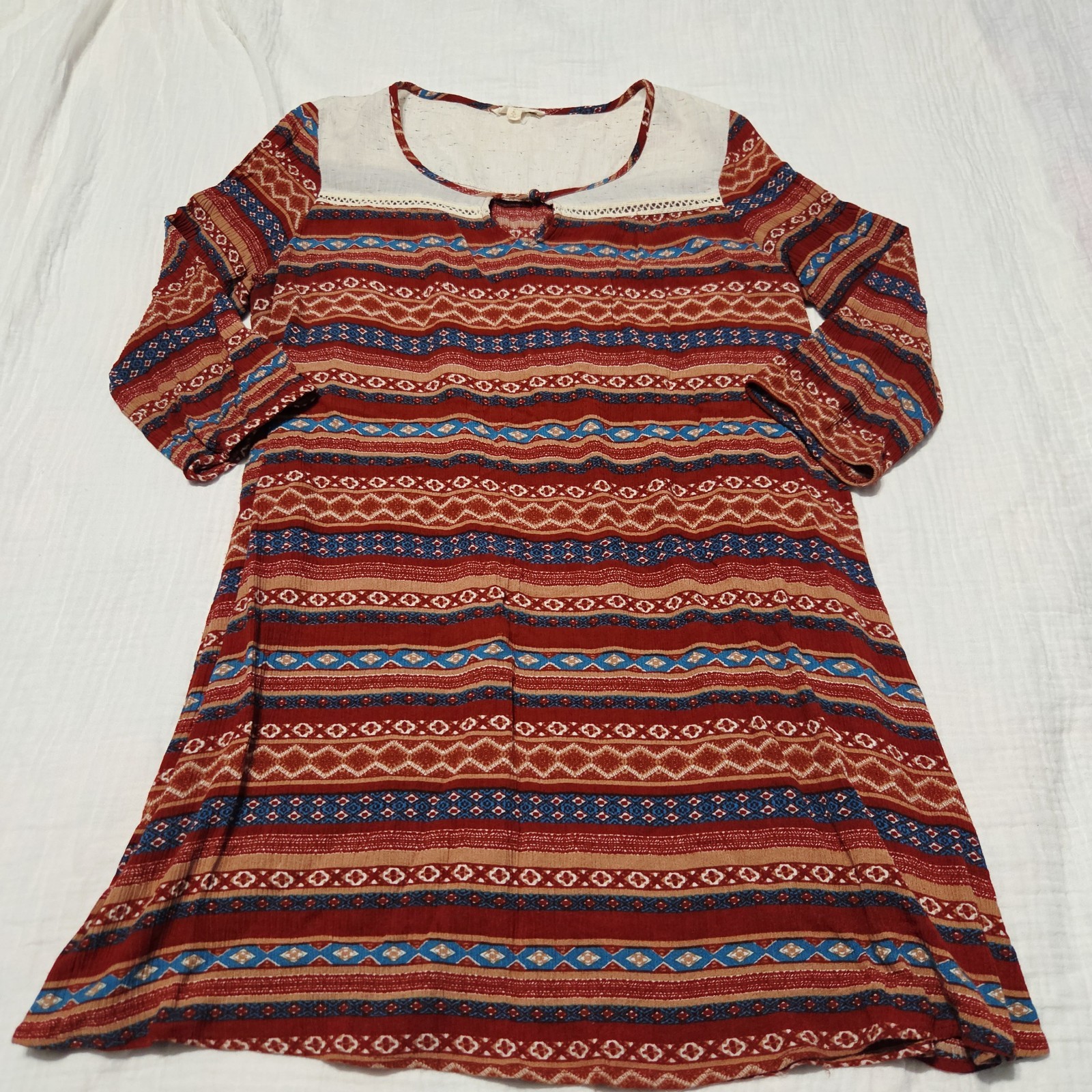 Boho Geometric Stripe Dress Large Long Sleeve Cream Yoke Keyhole Maroon Blue