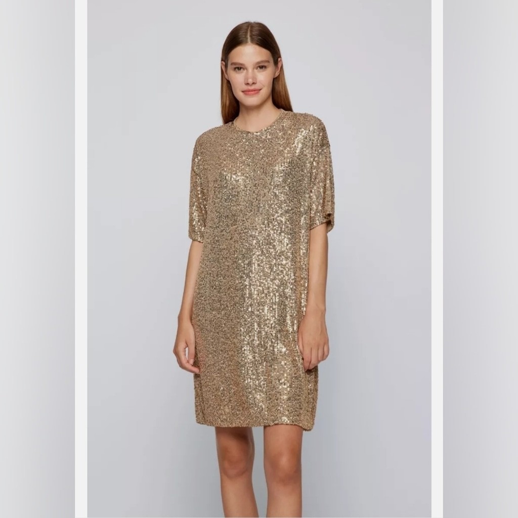 NWT Boss by Hugo Boss C Esenni Gold Sequin Mini Shift Dress Women’s Size Small