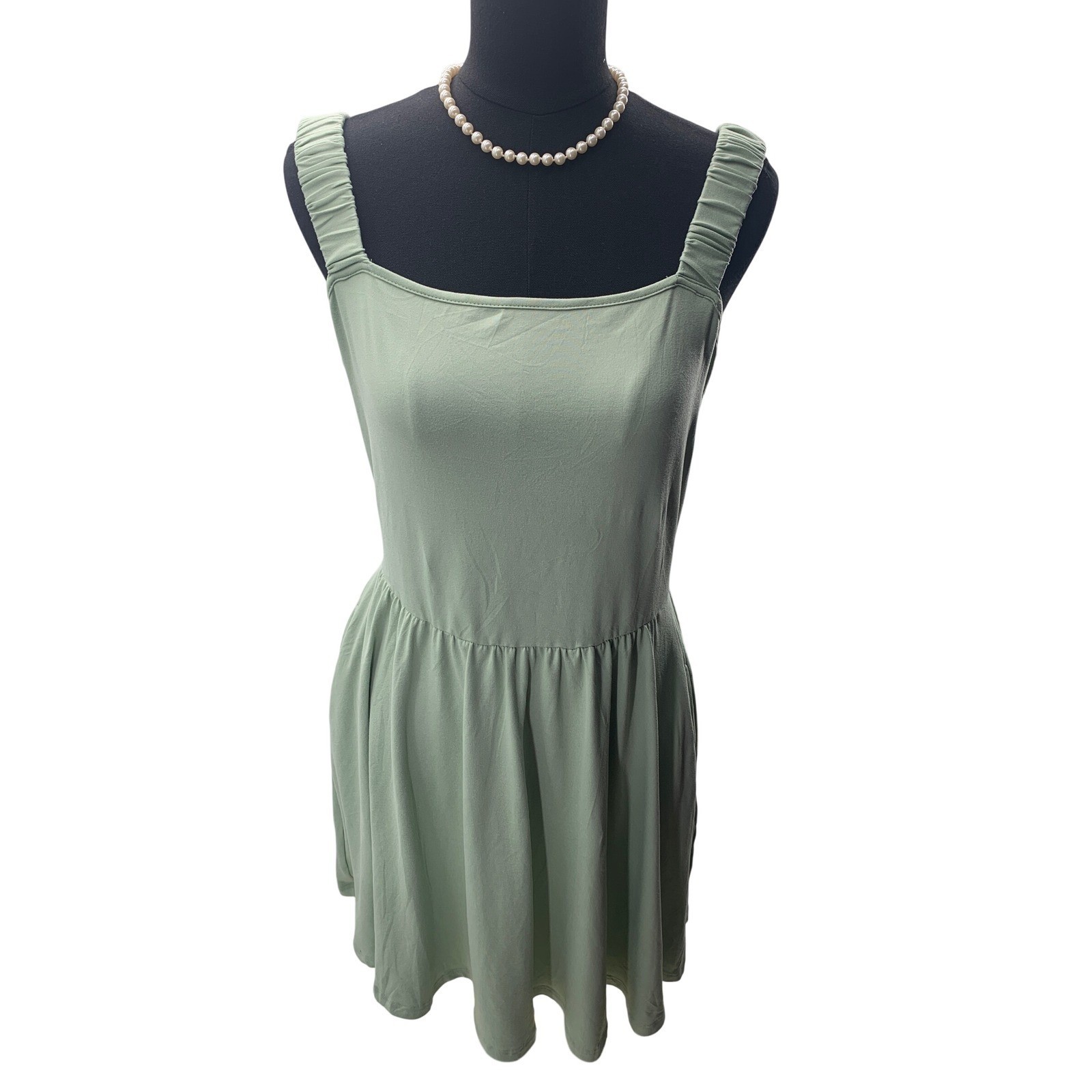 HUHOT Womens Sage Green Square Neck Sleeveless Mini Dress Pockets Large NWOT