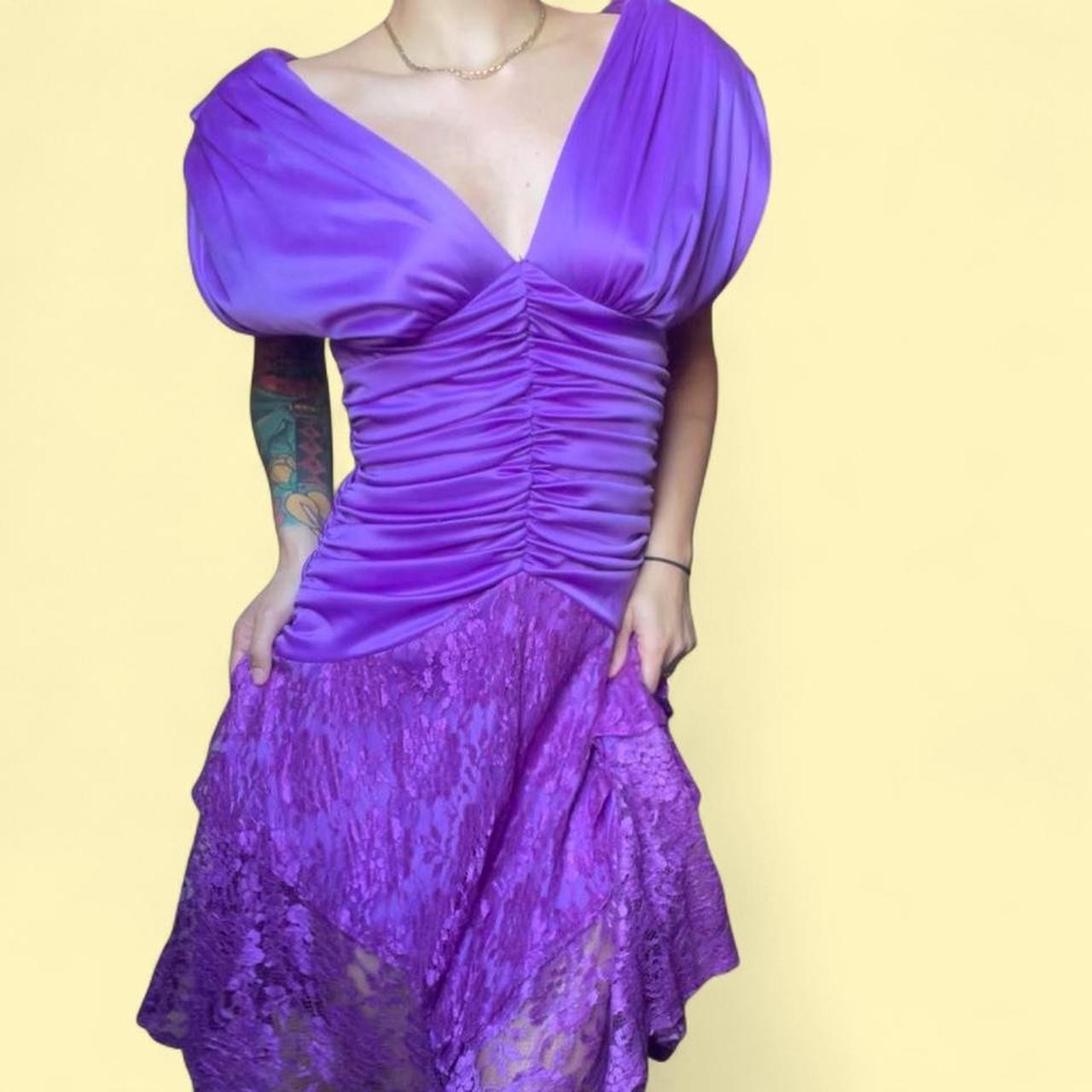 80s prom Purple lace dress with ruched bodice and asymmetrical hem