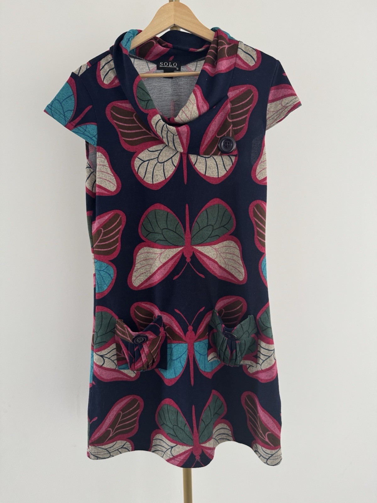 SOLO Butterfly Colourful Print Navy Cowl Neck Detail Knit Jumper Dress UK 12