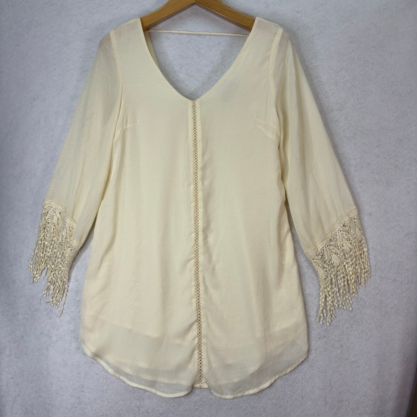 ASTR Cream Lace Fringe V-Neck Animal Print Mini Dress Womens M Boho