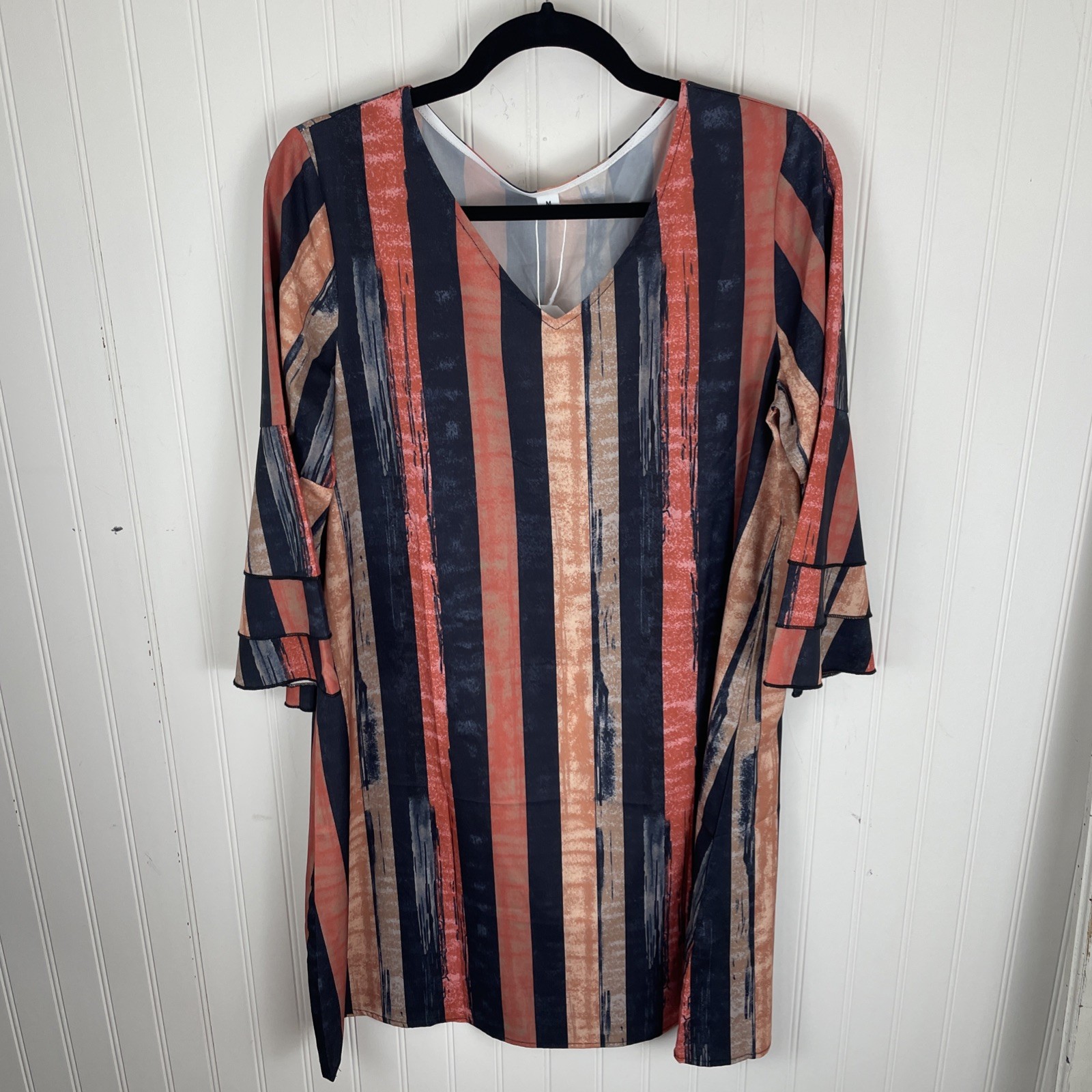 Made With Heart Women Shift Dress Bell Sleeves Vertical Stripes Size Medium NEW