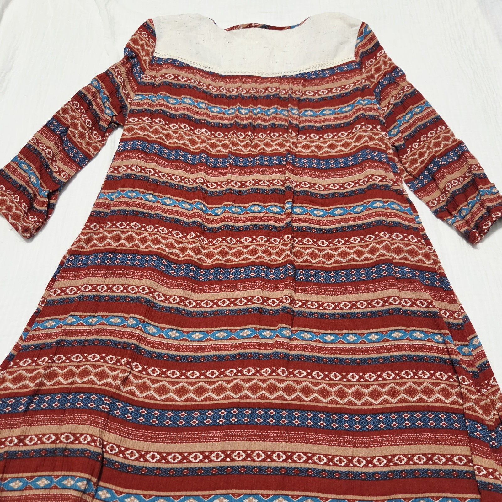 Boho Geometric Stripe Dress Large Long Sleeve Cream Yoke Keyhole Maroon Blue
