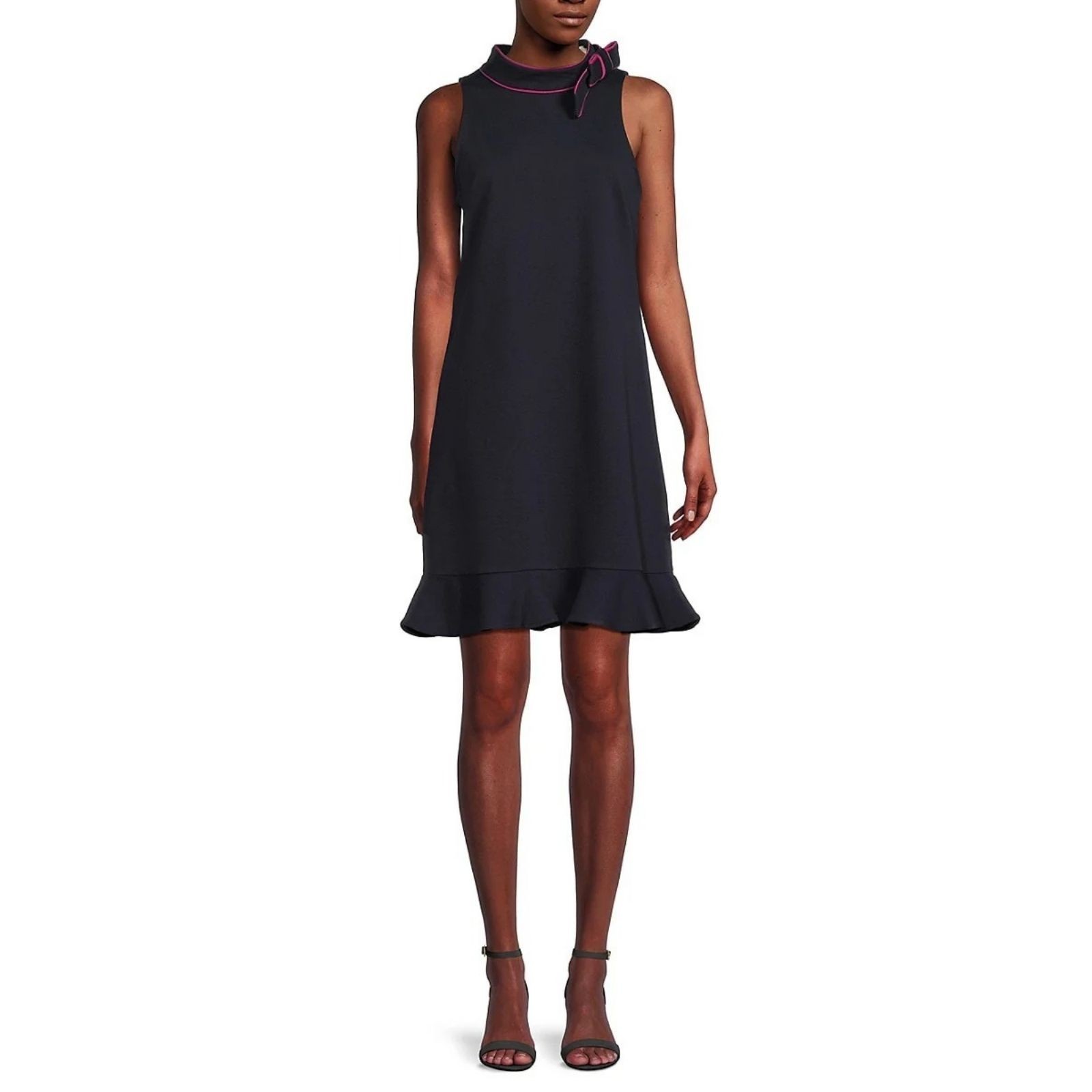 Eliza J Womens Size 8 Navy Blue Pipe Trim Bow Mock Neck Mini Shift Dress