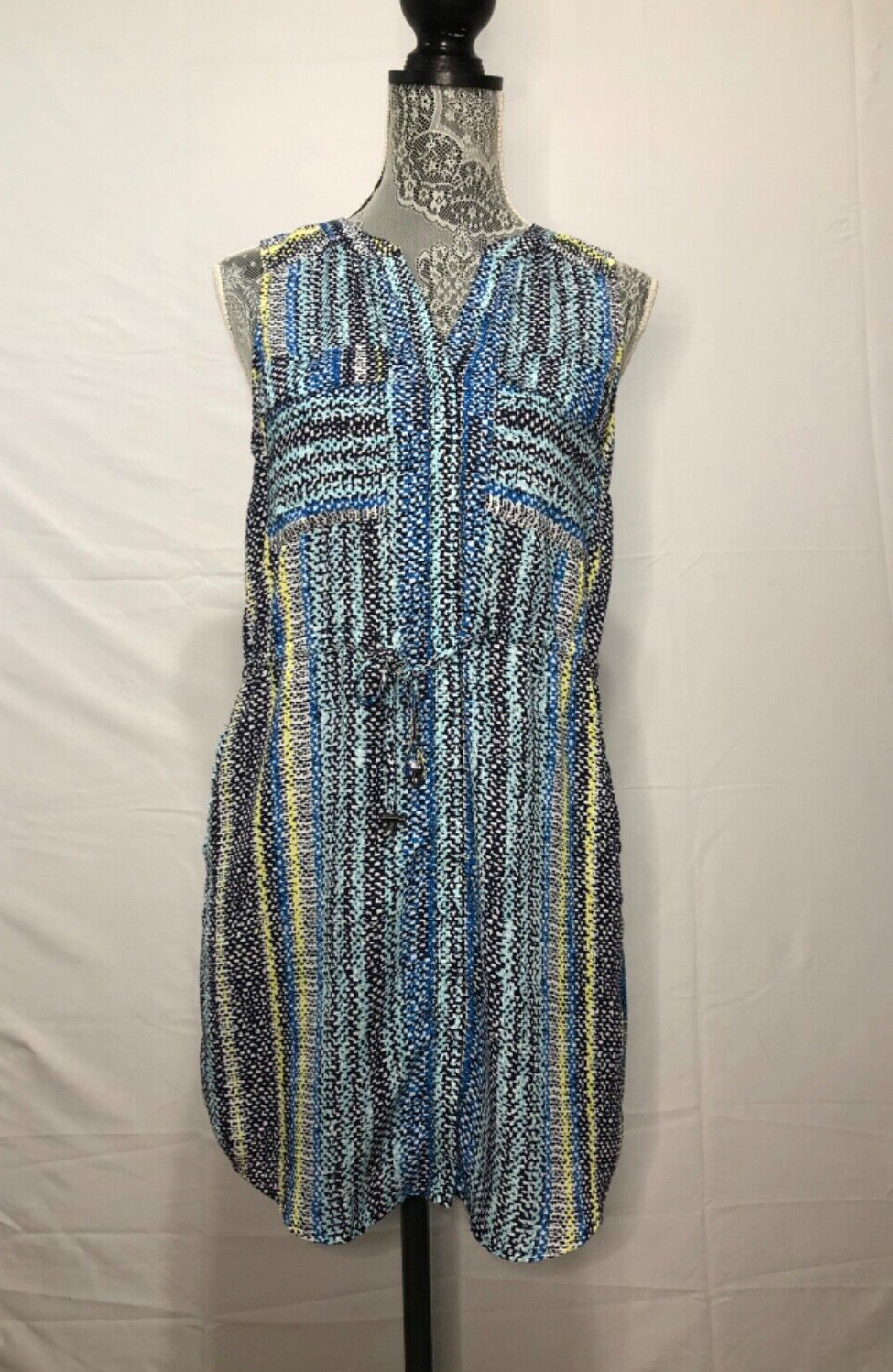 Skies Are Blue Women’s Drawstring Waist Pockets V-Neck Stripe Dress Size S (F)