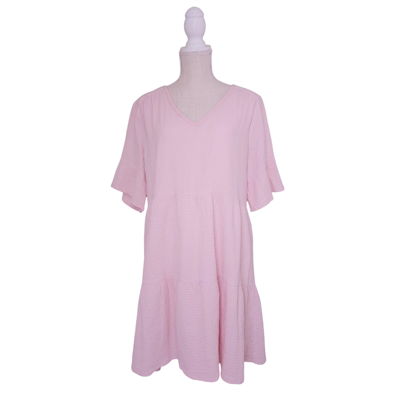 Ronni Nicole Womens Pink Cotton Gauze V-Neck Tiered Babydoll Dress XL