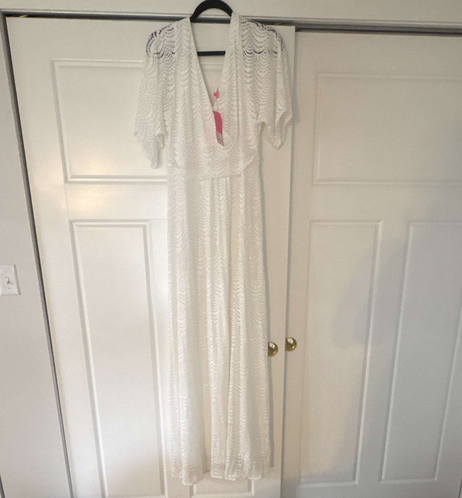 Lilly Pulitzer Maxi Dress White Scalloped Lace V-Neck 3/4 Sleeve L 015212