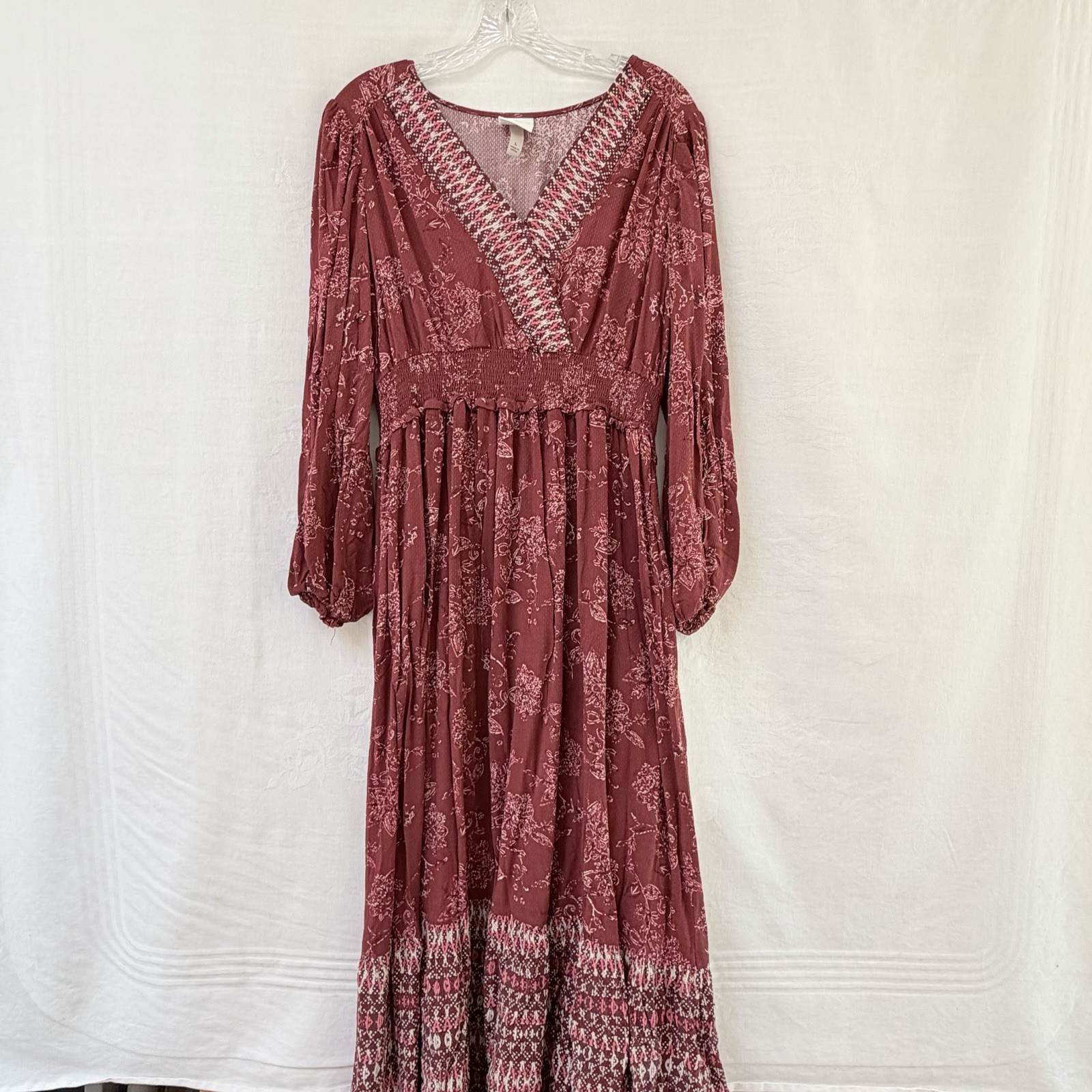 Knox Rose Floral Bohemian Maxi Dress Womens Large Burgundy Long Sleeves Relax