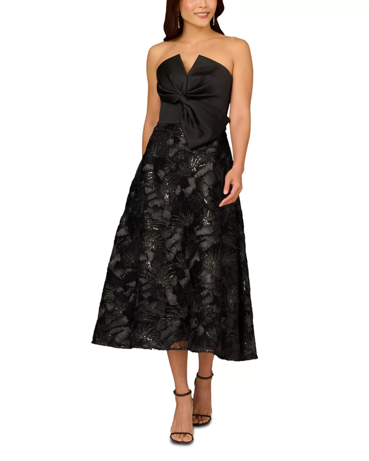Aidan Mattox by Adrianna Papell Black Bow Embroidered Midi Dress Size 10 $370