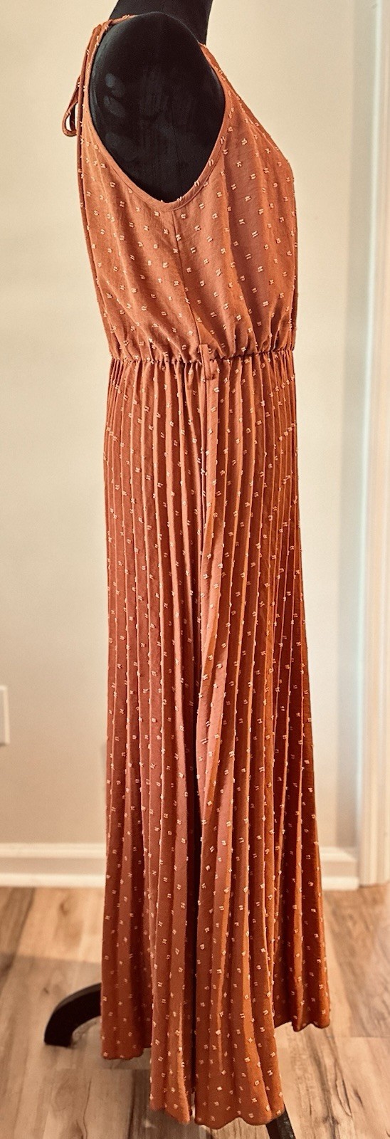 PrettyGarden NWT Chic Burnt Orange Swiss Dot Pleated Tie Waist Halter Dress Sz L