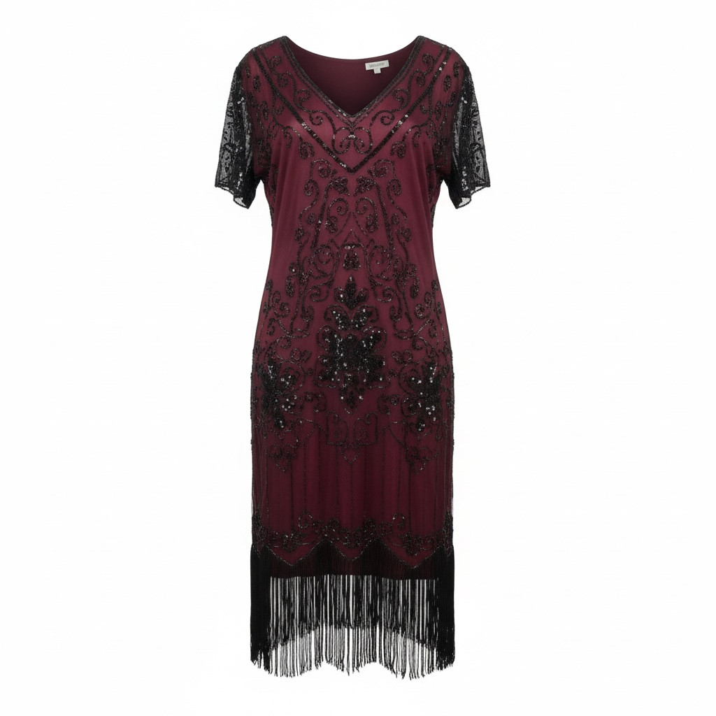 NWT Babeyond Black sequin dress with fringe, red lining, Size XXL