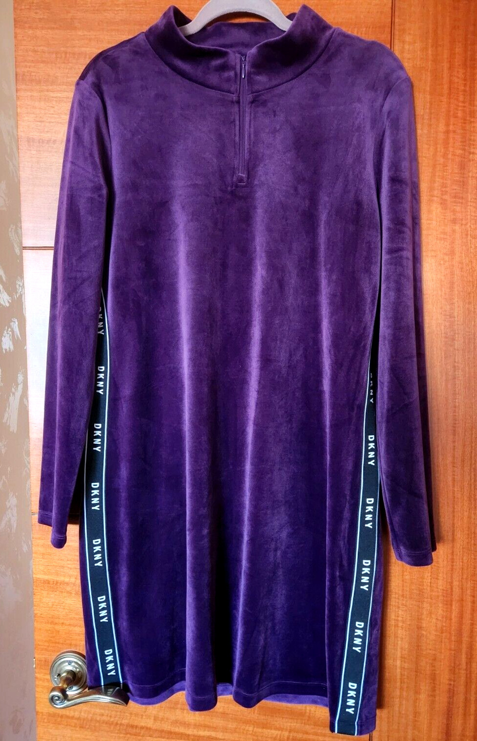 New DKNY Purple Velour Stand up Collar with Short Zipper and Logo dress, Size XL