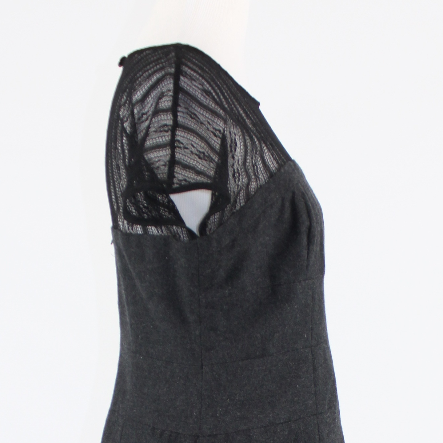 Charcoal gray TULLE black sheer lace neckline cap sleeve sheath dress L