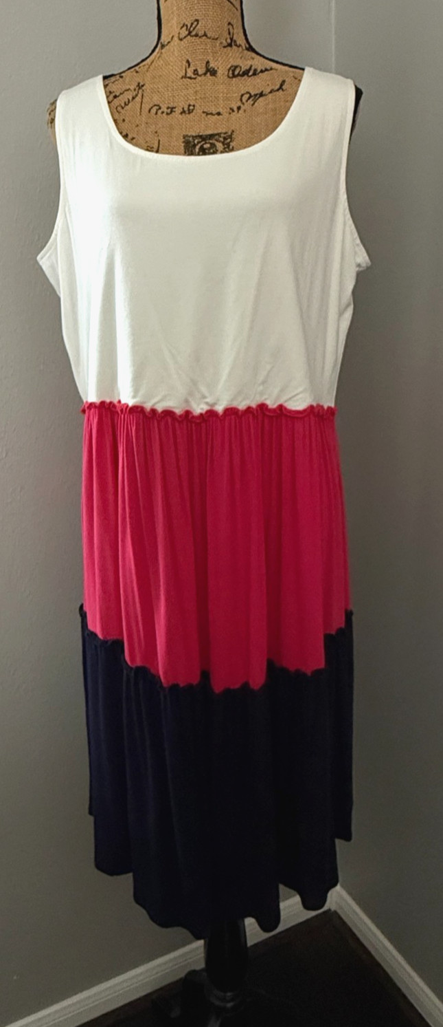 Nina Leonard Dress Scoop Neck Tiered Knit Stretch Preppy Cottage Rayon 1X XL
