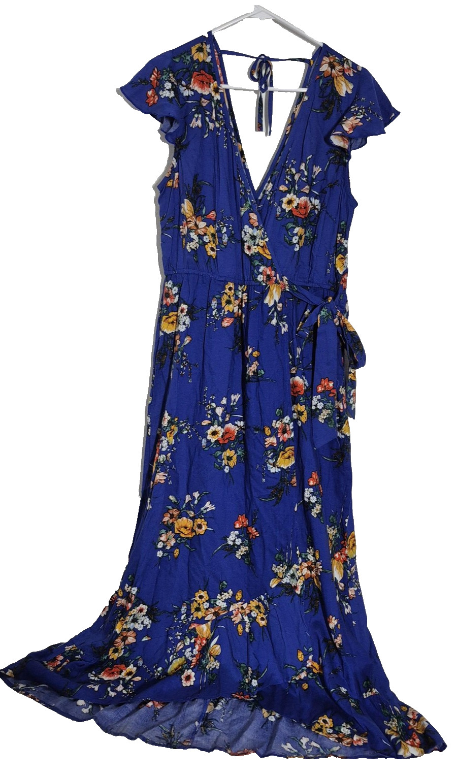 B.O.G Collective Dress Womens Large Blue Floral Wrap Maxi Ruffle Hem Belted Boho